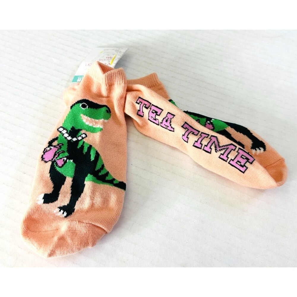 Xhilaration T Rex Tea Time Dinosaur Low Cut Socks 1 Pr Sz 4-10 Peach Green NEW!